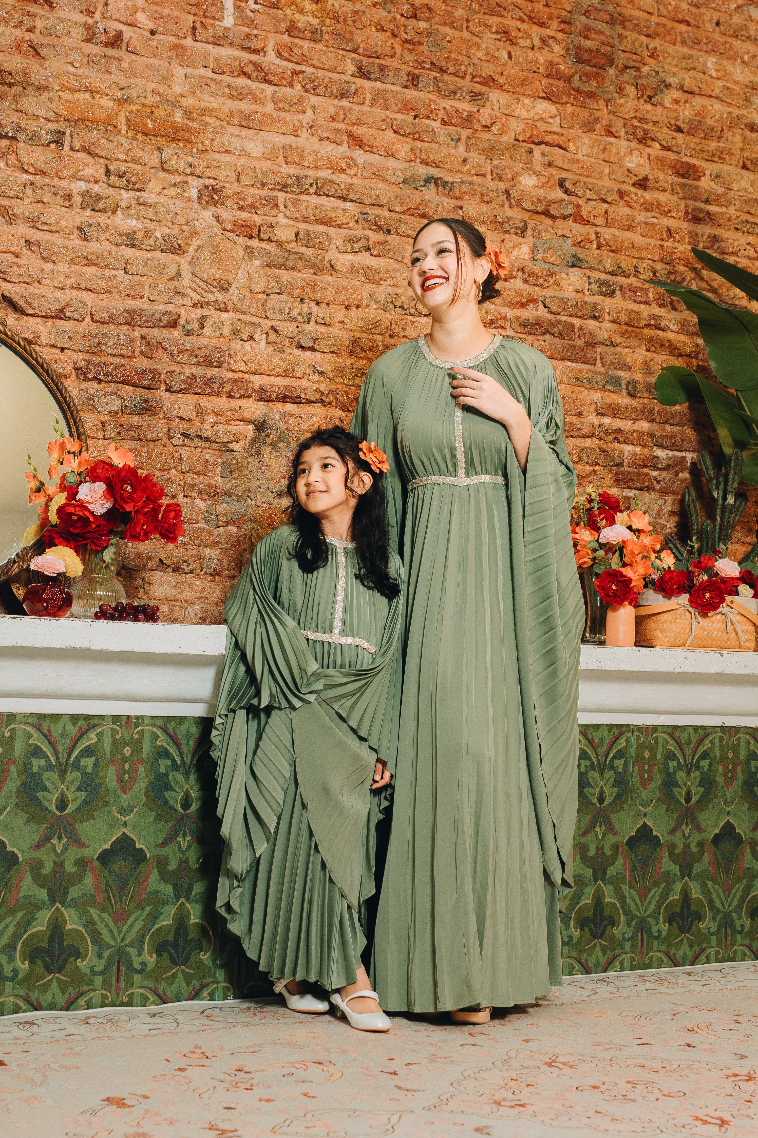Valencia Kids Pleated Kaftan in Deep Sage